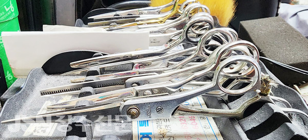 문 대표의 연륜만큼 많은 가위를 직접 갈아 사용하고 있다.