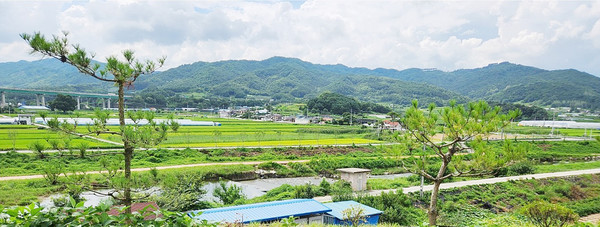 사진 중앙이 계남면 침곡리 고기마을이고, 우측이 국가 사적인 침령산성이며, 좌측이 반파가야의 봉화산 봉화다.